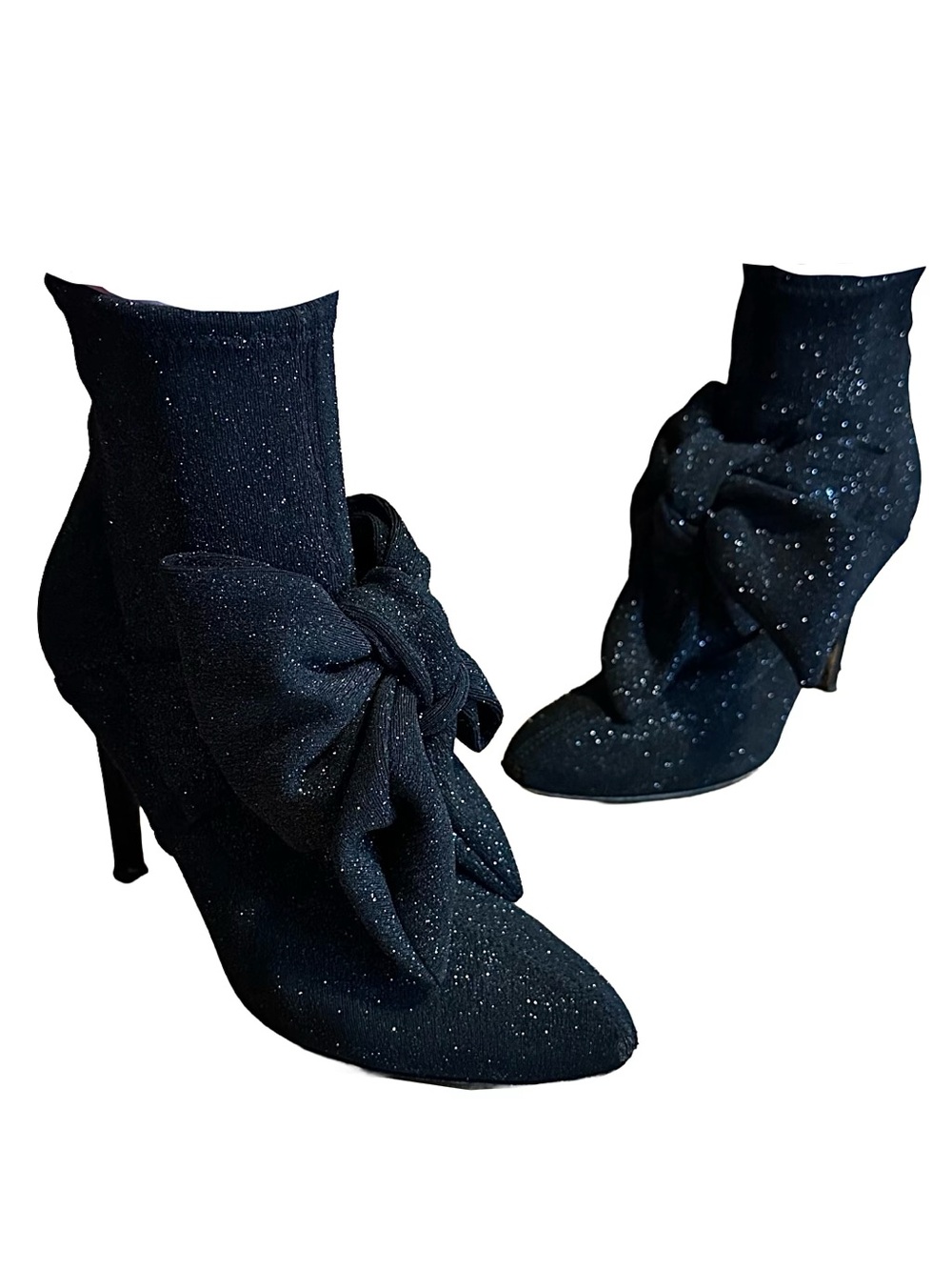 GIUSEPPE ZANOTTI BLACK WITH SILVER SPARKLES LUREX SOCK BOOTIE HEELS (37.5)